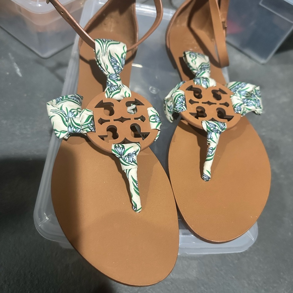 Tory Burch Tan Sandals with Green & White Floral Trim